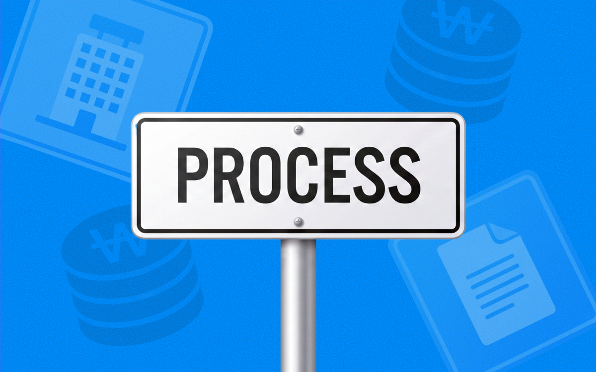 PROCESS라고 적힌 표지판과 금융 아이콘 — ERP연계 매출채권담보대출 신청 조건과 심사 절차
